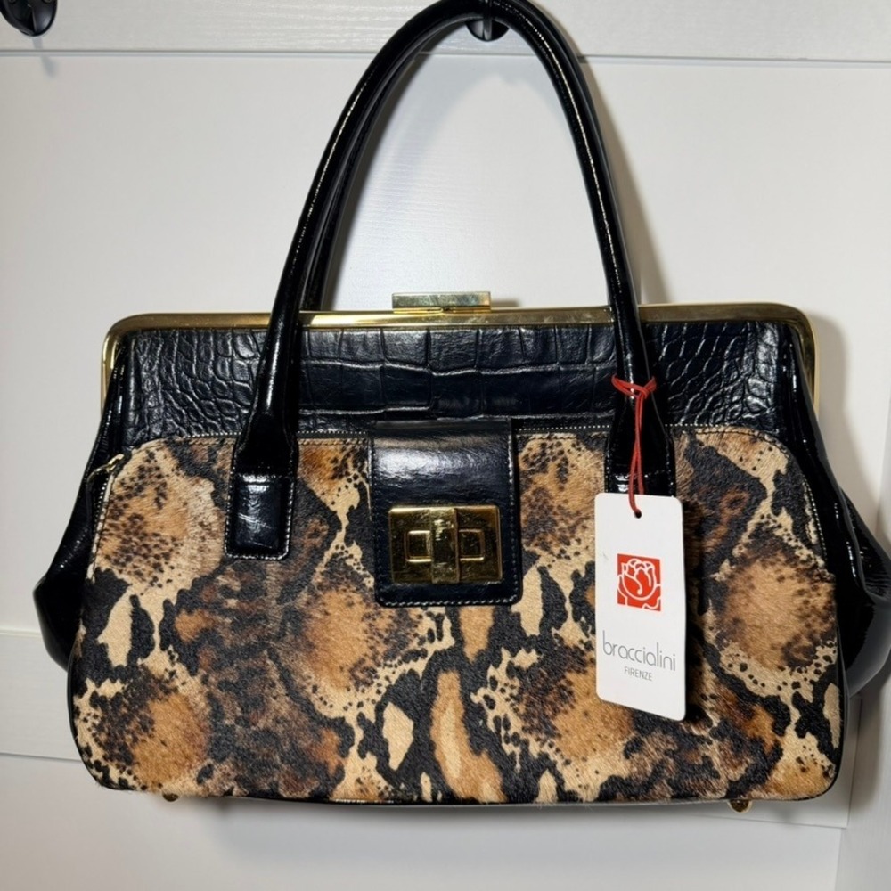 VTG Braccialini Firenze PonyStyle Leopard Pattern Croc Embossed & Patent Leather